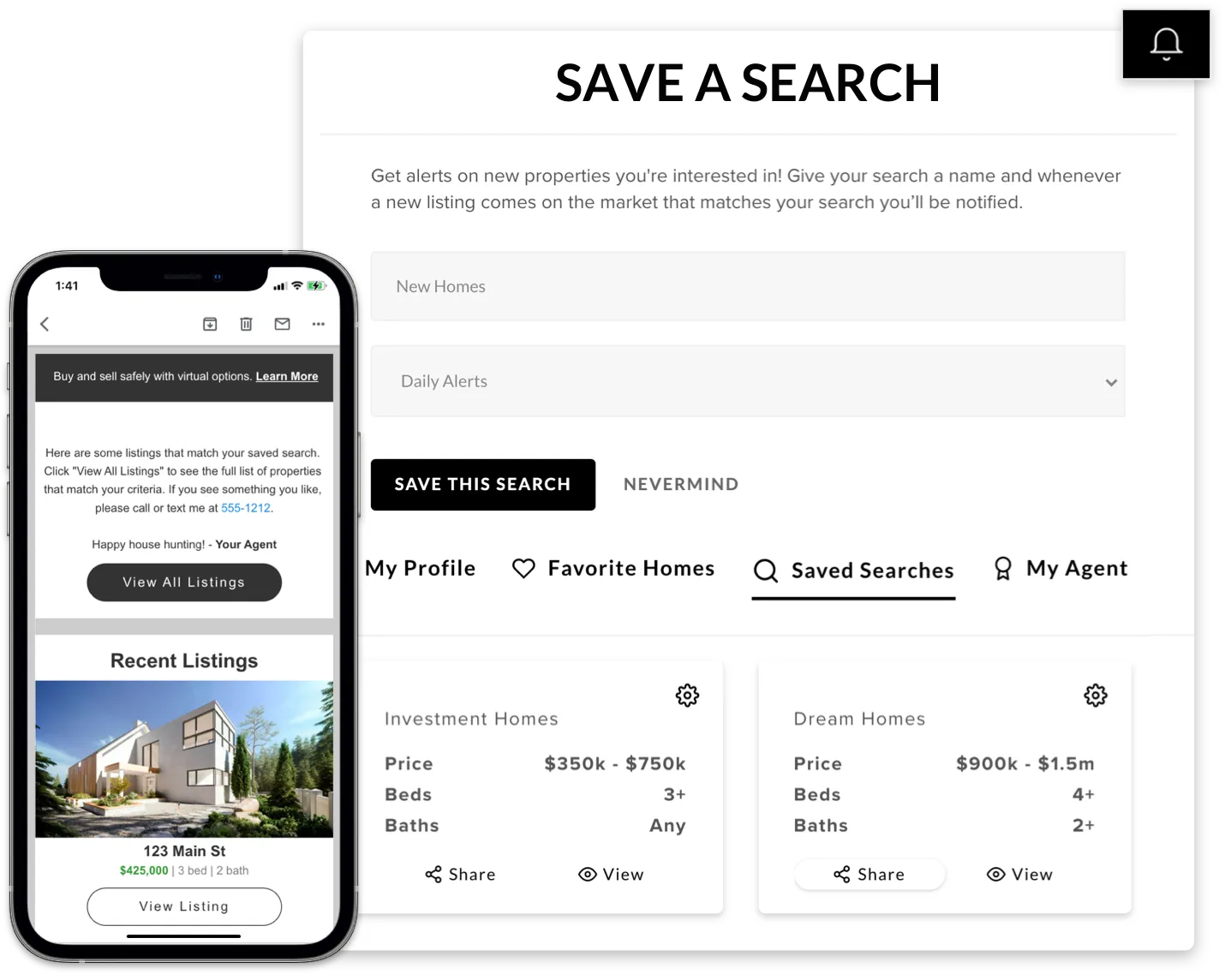 Save a search on mobile and desktop
