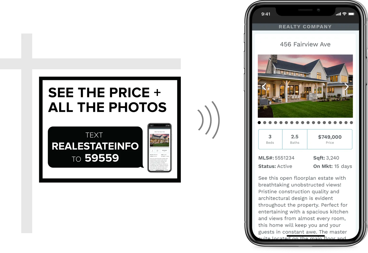 Real estate listing sign and mobile details